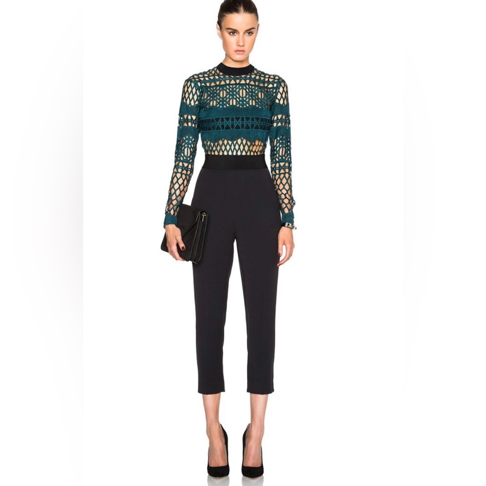 Self Portrait Black and Green Jumpsuit Size 6 cross hatch cut out lace cropped